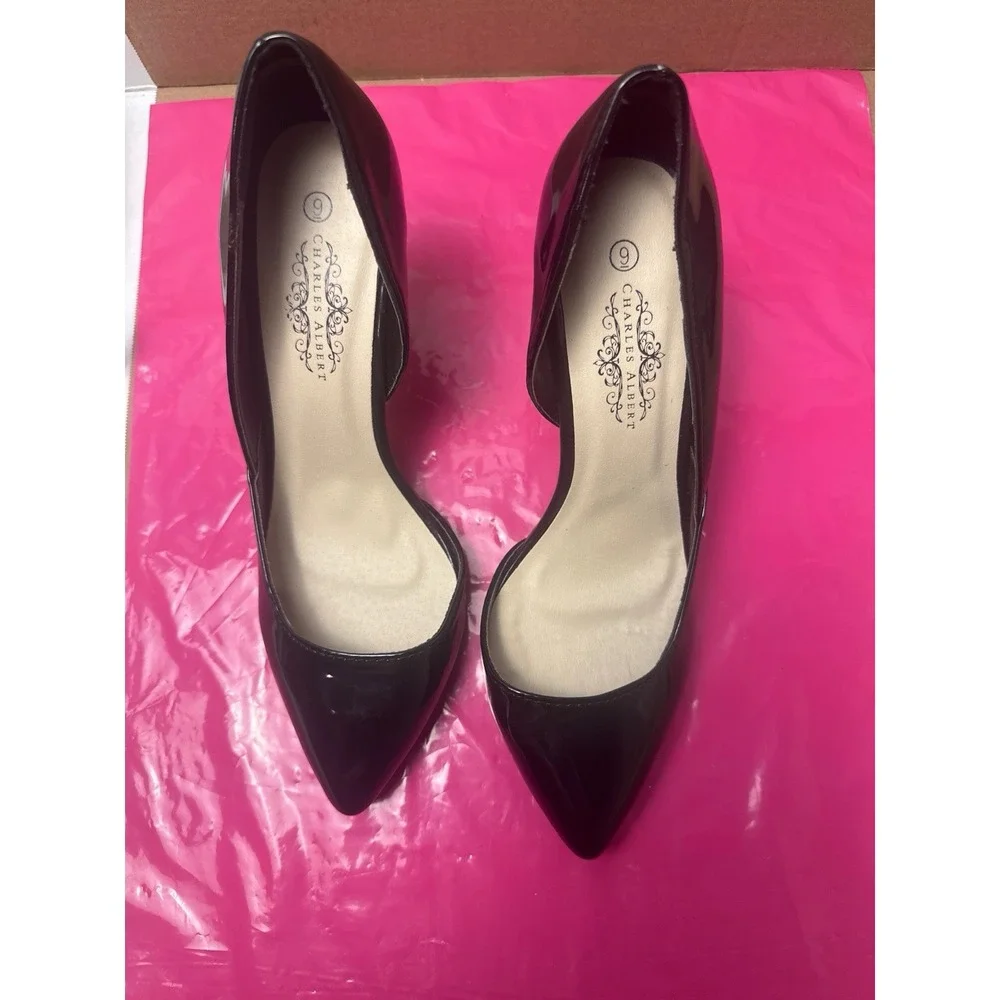 Charles Albert Women Black Patent D'Orsay High Heel Pumps Size 9 Pointed Toe NIB